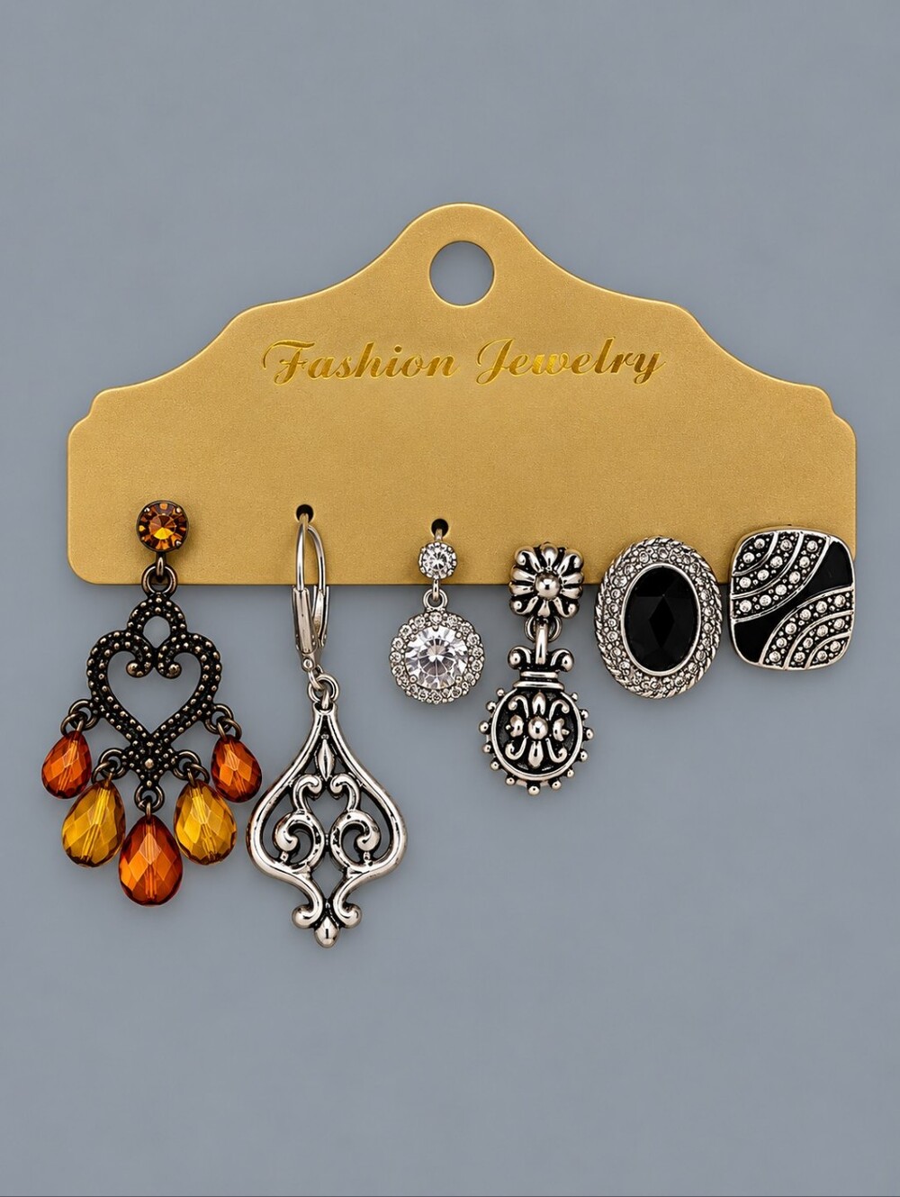 Vintage Six Single Silver and Black Mixed Dangle and Post Earring Set